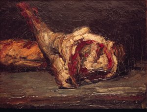 Stilleben av et bein av fårekjøtt og brød, 1865